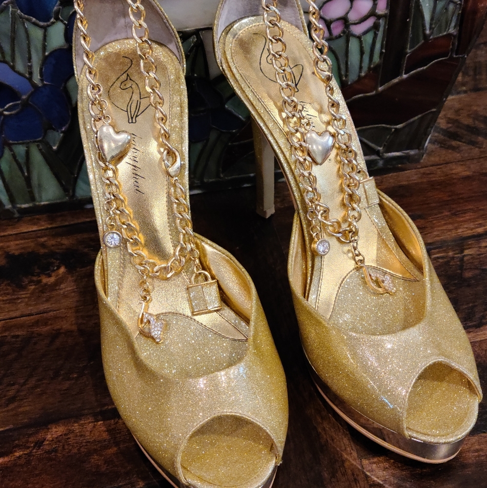Gold Peep Toe Pumps